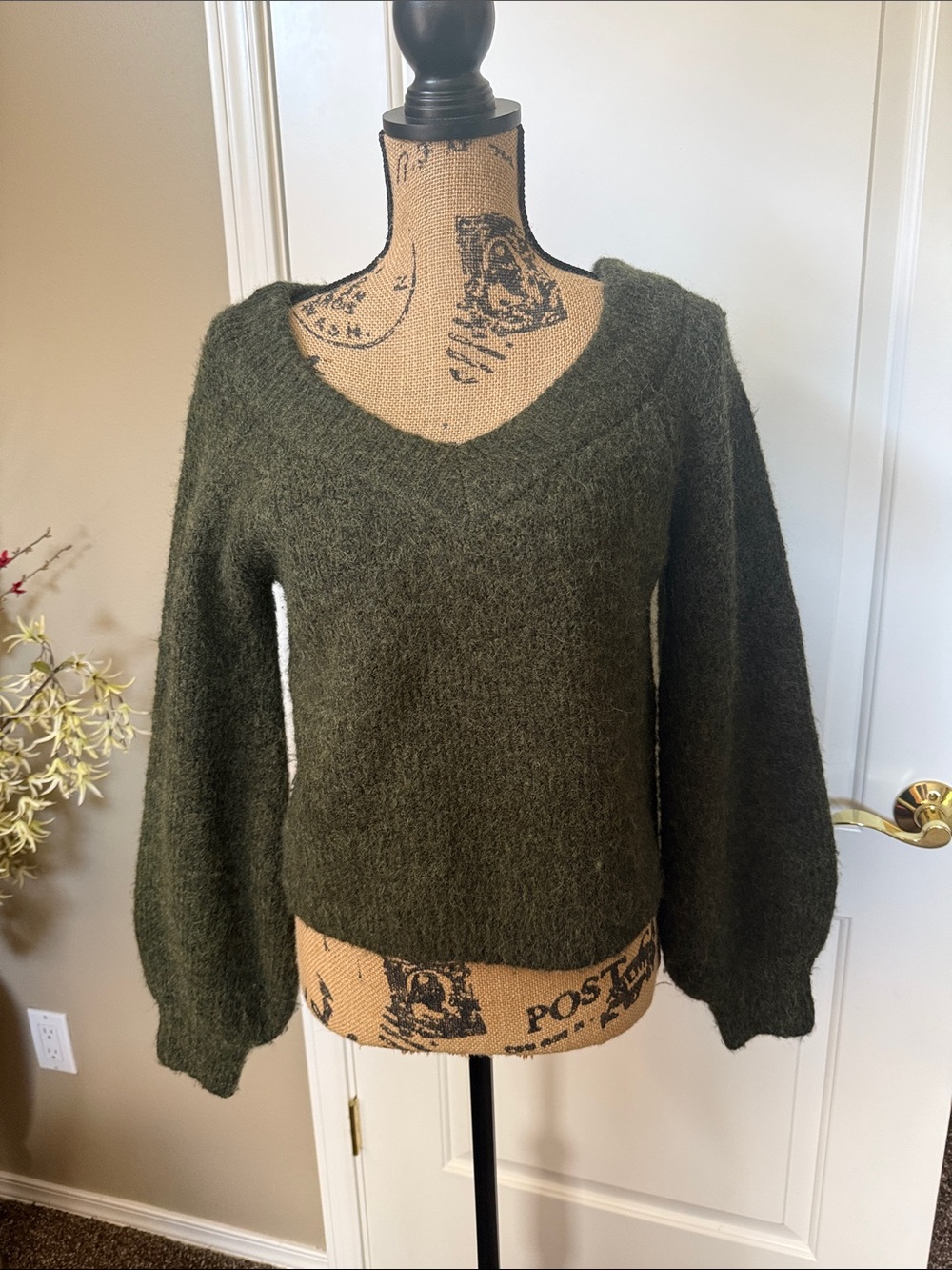 Jason Wu Olive Green V-Neck Fuzzy Sweater